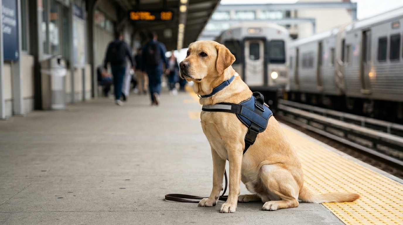 Chien d'assistance patientant calmement sur le quai d'une gare