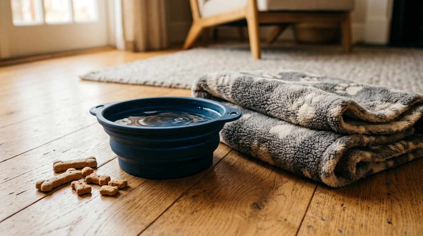 Équipement de voyage pour chien incluant gamelle pliable et tapis