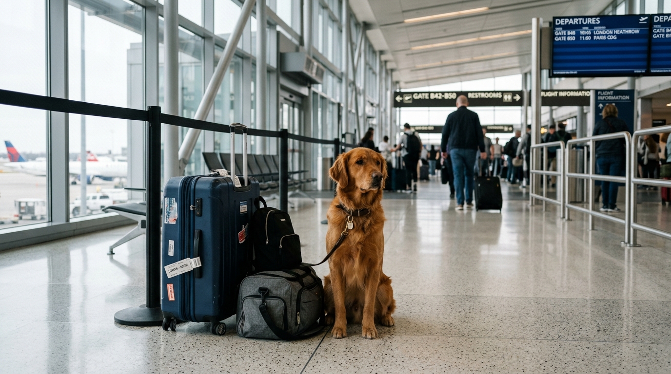 Chien calme à l'aéroport prêt à voyager en avion