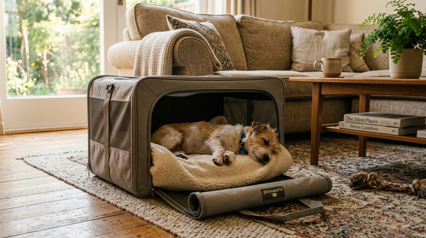 Chien apaisé dormant dans sa caisse de transport ouverte