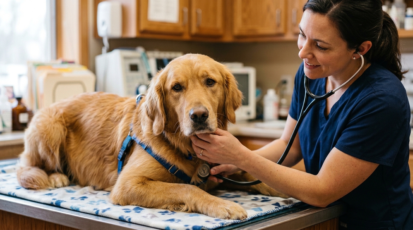 Chien examiné calmement par un professionnel en clinique