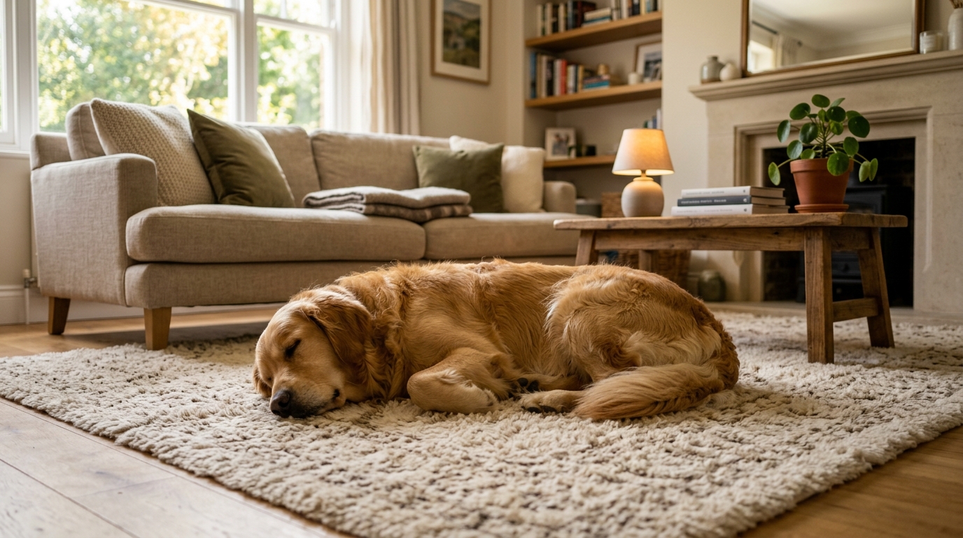 Chien en sécurité sur un tapis de salon confortable