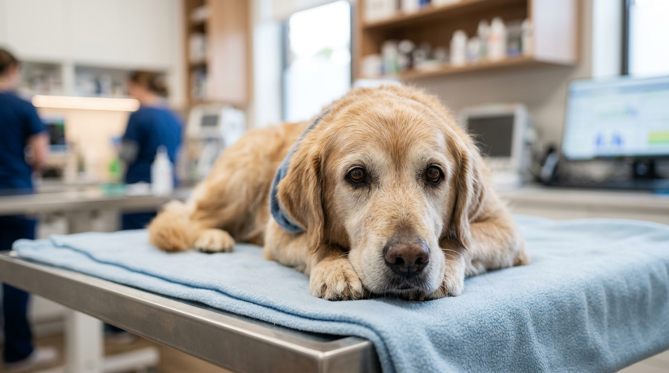 Chien âgé posé sereinement en clinique vétérinaire