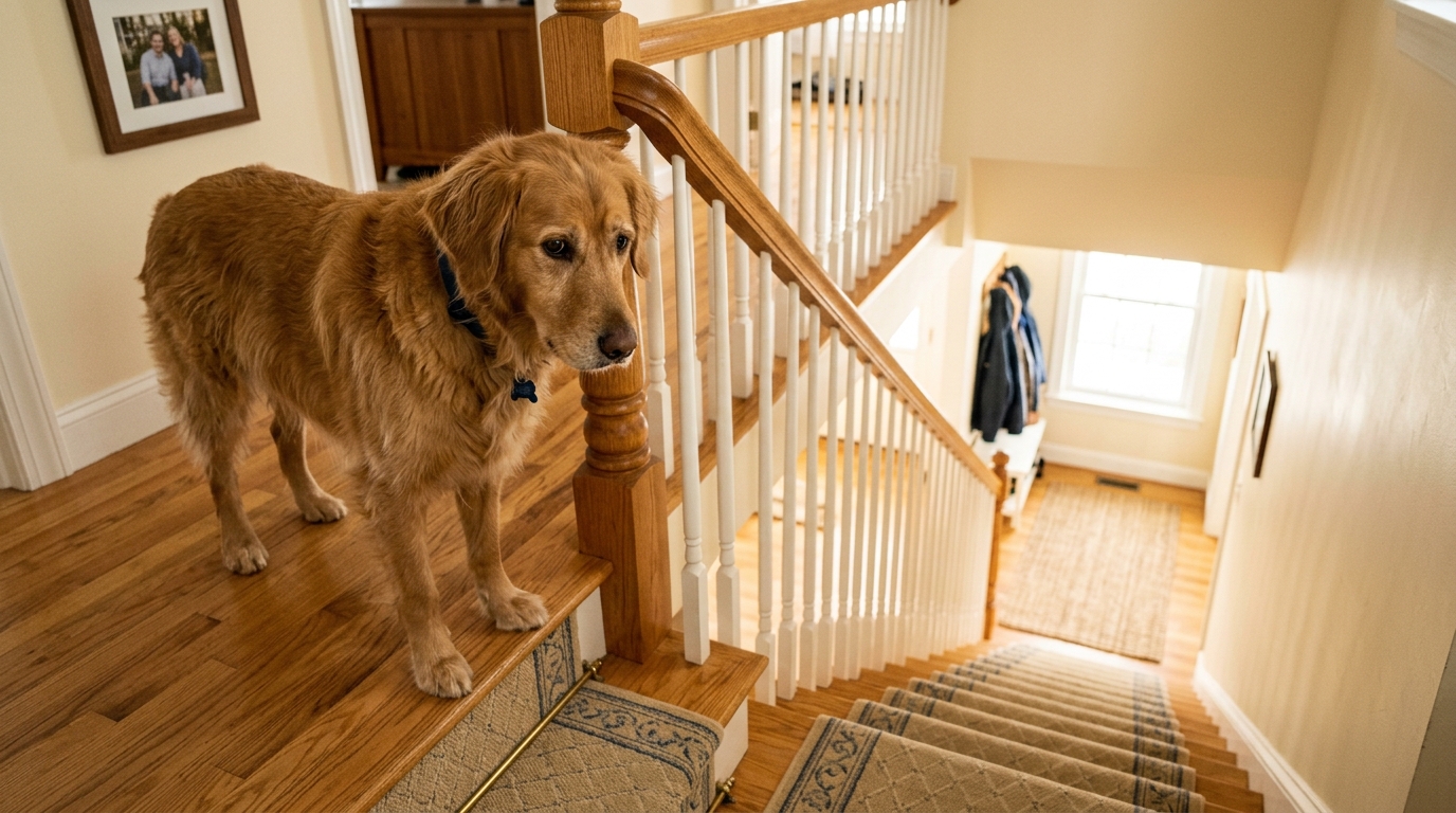 Chien de compagnie hésitant devant des escaliers