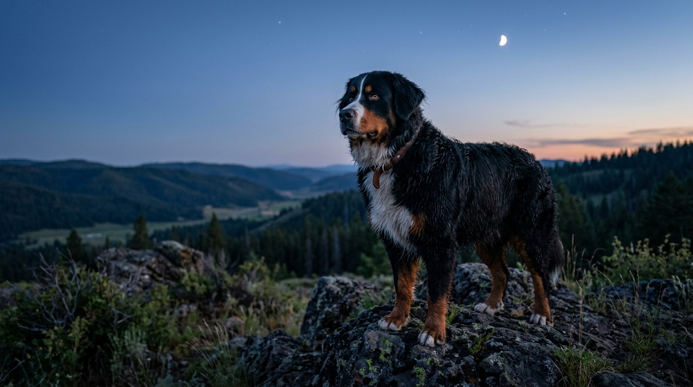 Chien regardant au loin au crépuscule, lumière douce