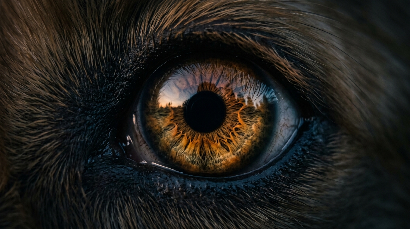 Œil de chien en gros plan au crépuscule