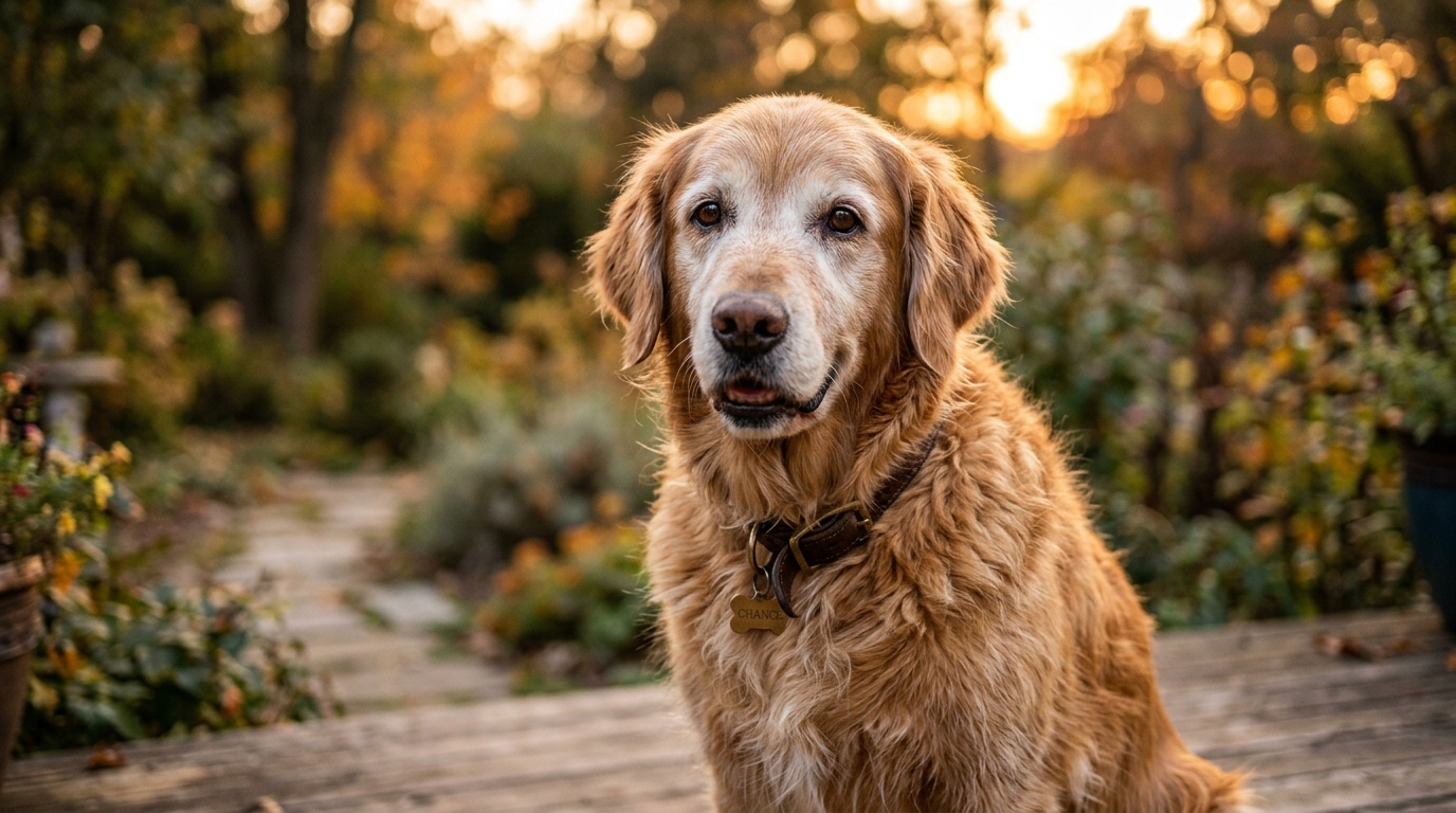Vieux chien au regard doux en soirée