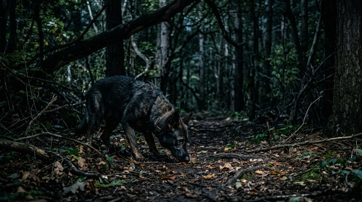 Chien sentant le sol dans une forêt sombre