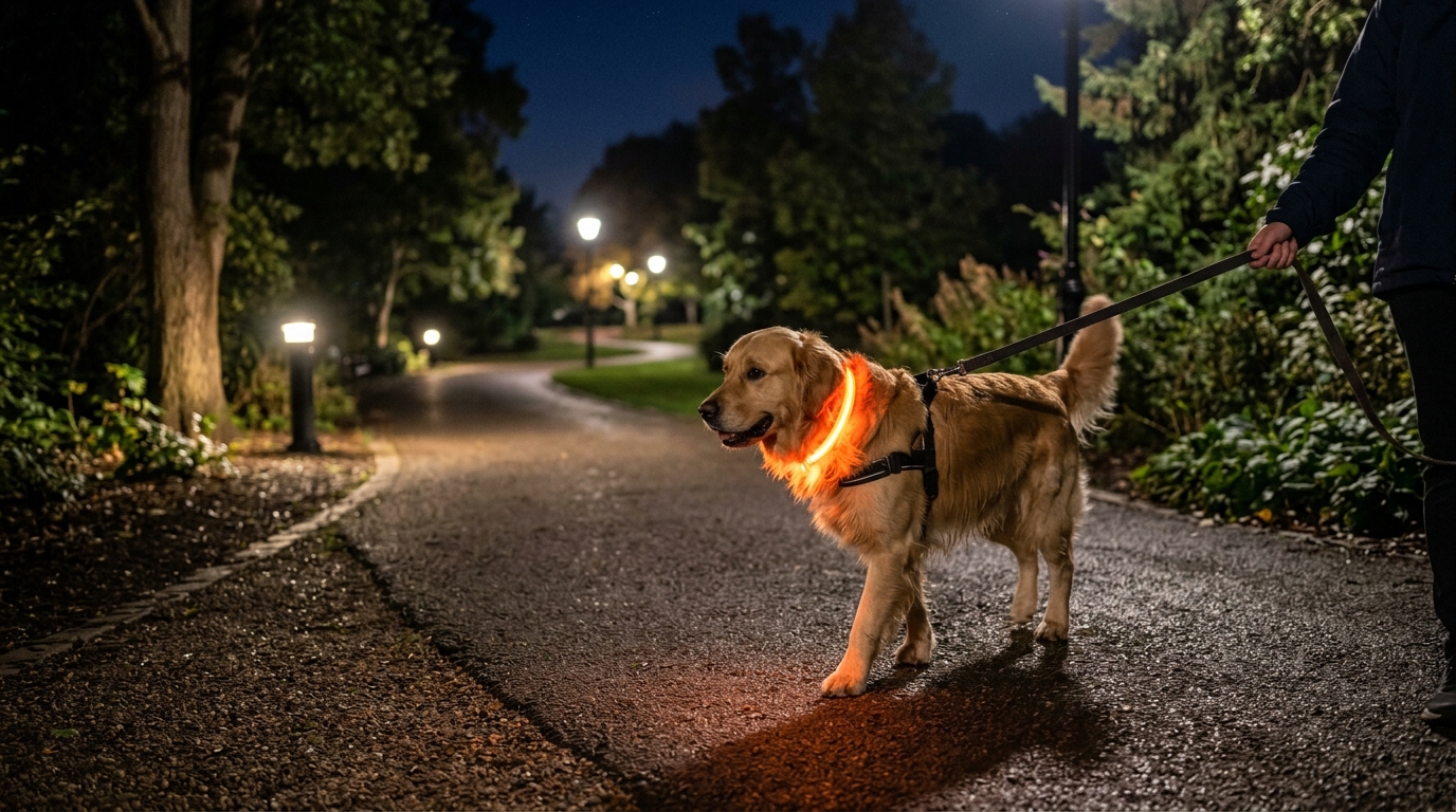 Chien marchant de nuit avec un collier lumineux