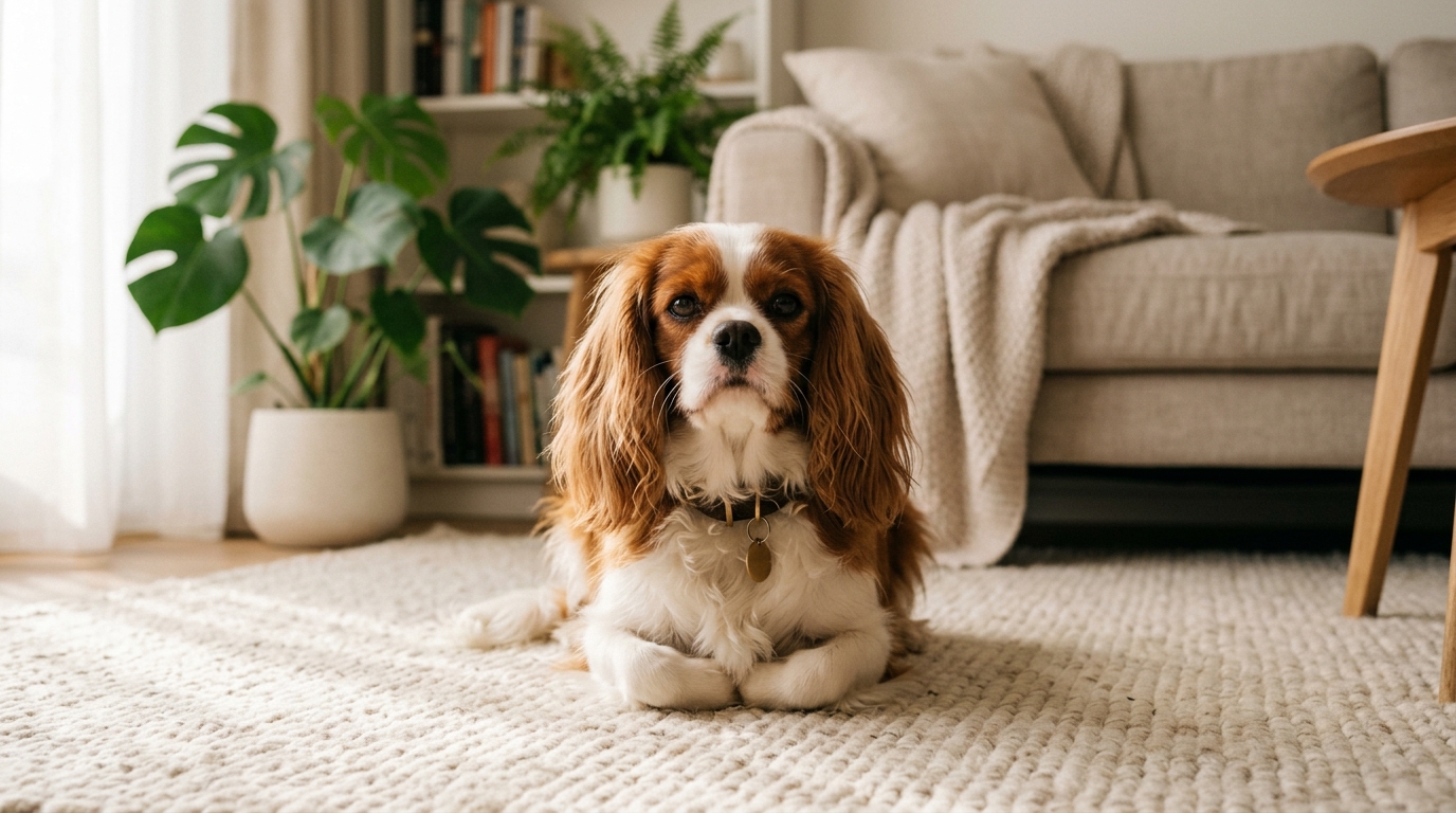 Chien couché calmement sur un tapis