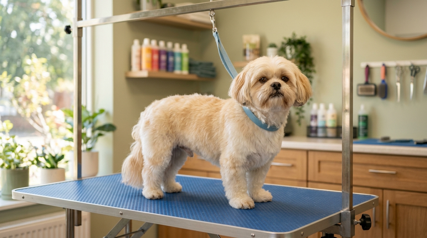 Petit chien calme sur une table de toilettage