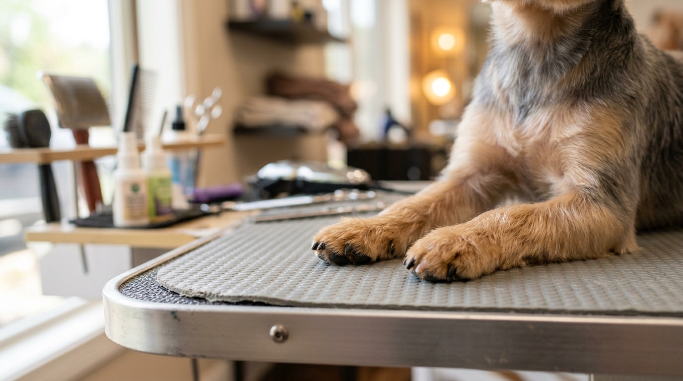 Pattes de petit chien sur une table de toilettage professionnelle