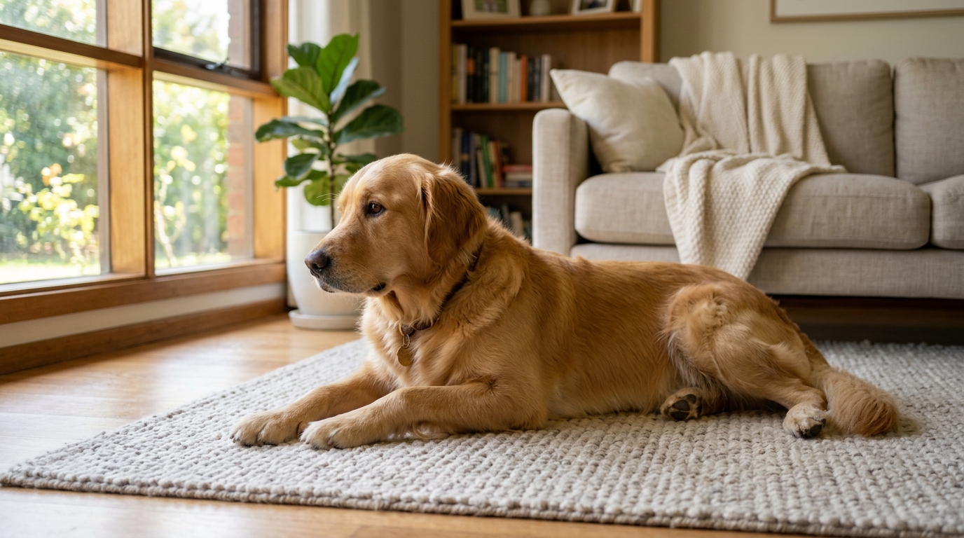 Grand chien détendu et en bonne santé sur un tapis