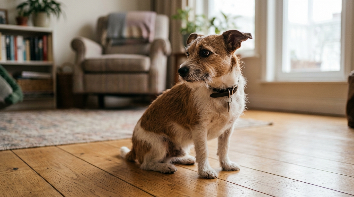 Petit chien assis sur le sol observant son environnement