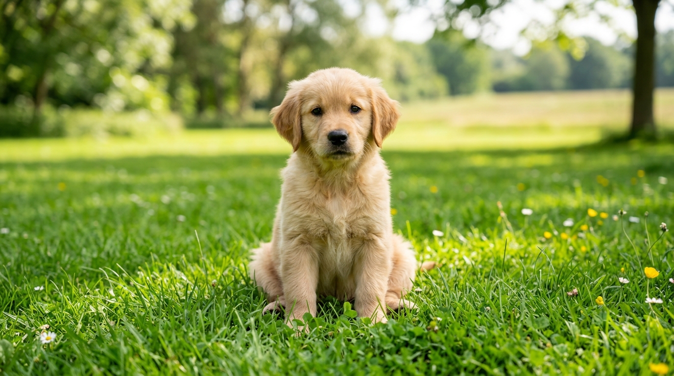 Petit chiot mignon assis curieusement dans l'herbe verte
