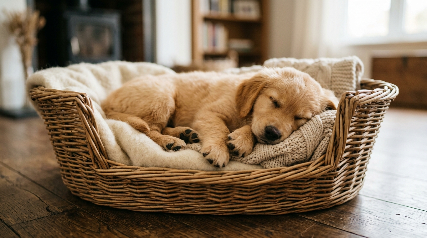 Chiot de race pure endormi dans un panier confortable.