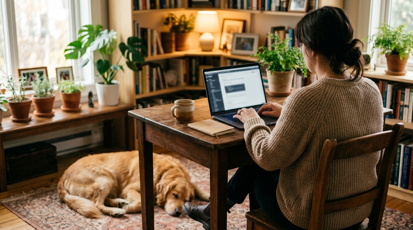 Personne vérifiant des informations en ligne avec son chien.
