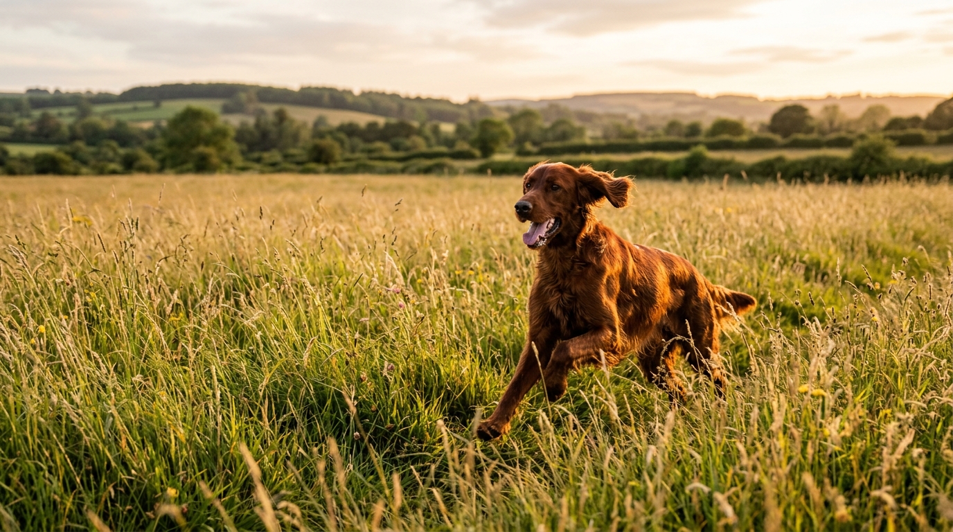Setter Irlandais en pleine santé courant dans un champ.