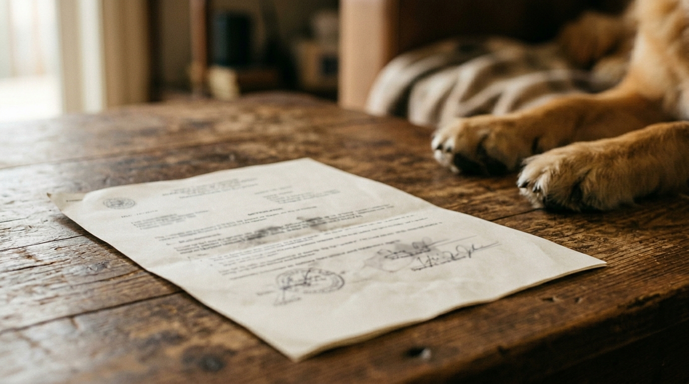 Documents officiels flous sur une table en bois.