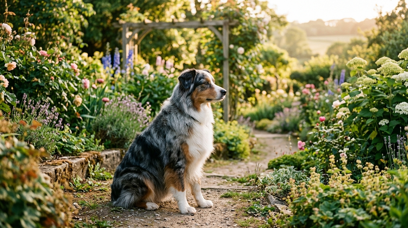 Berger Australien adulte serein dans un jardin.