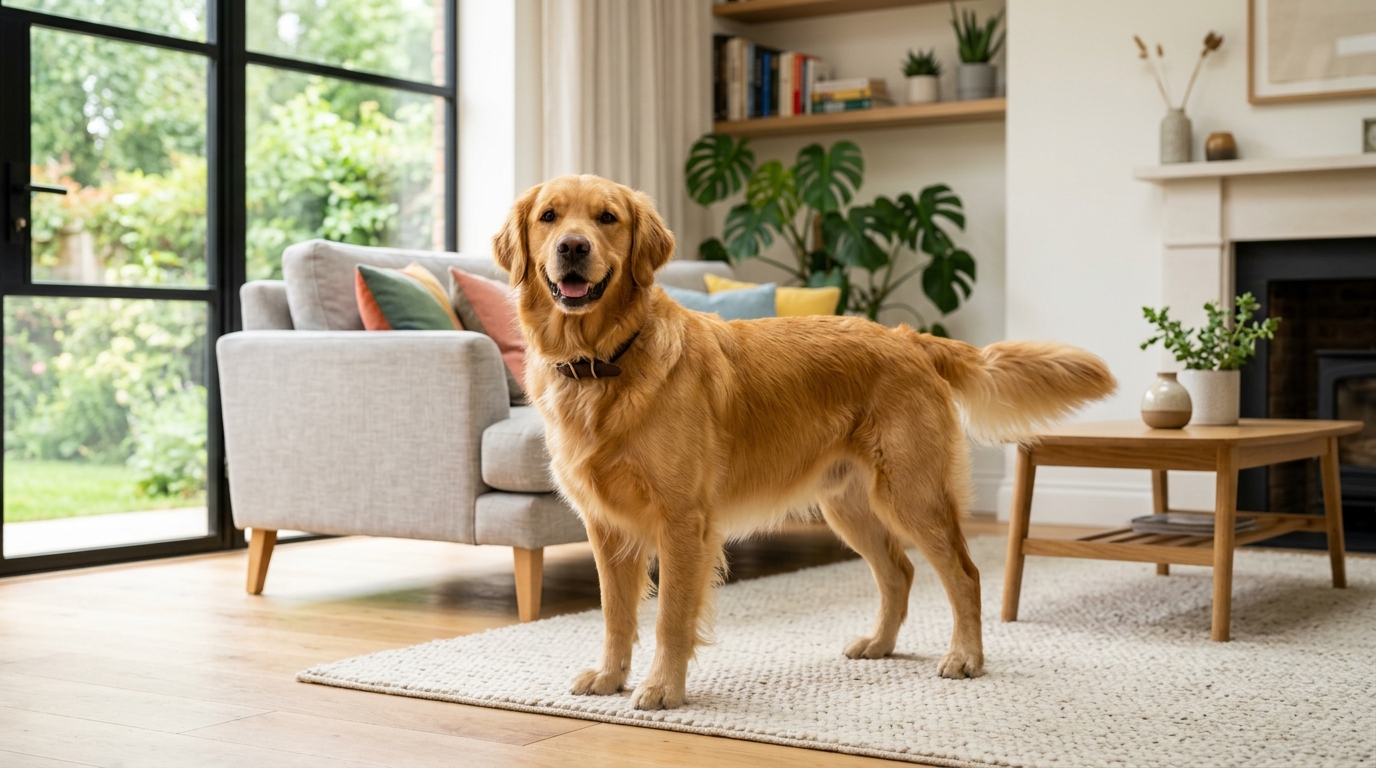Chien en pleine santé dans un salon lumineux