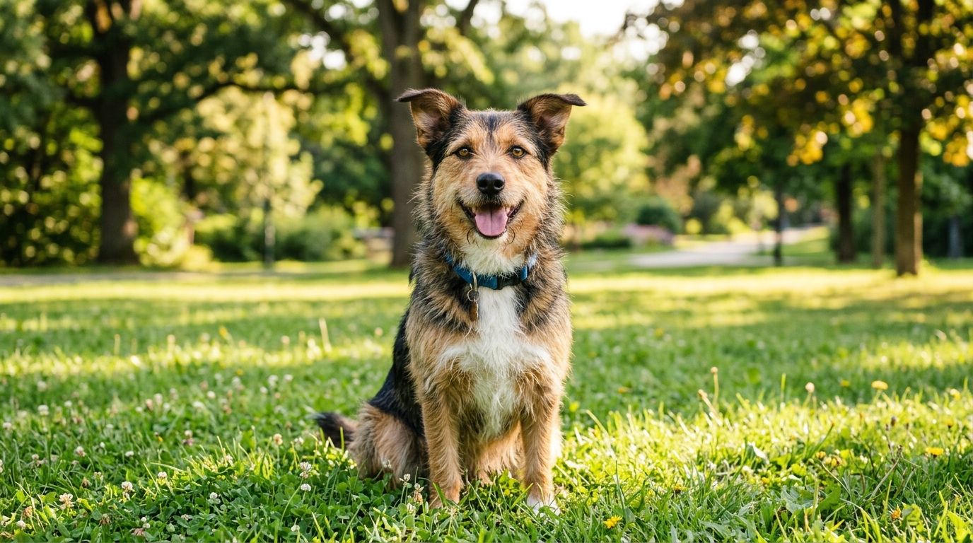 Chien croisé en bonne santé assis dans un parc verdoyant