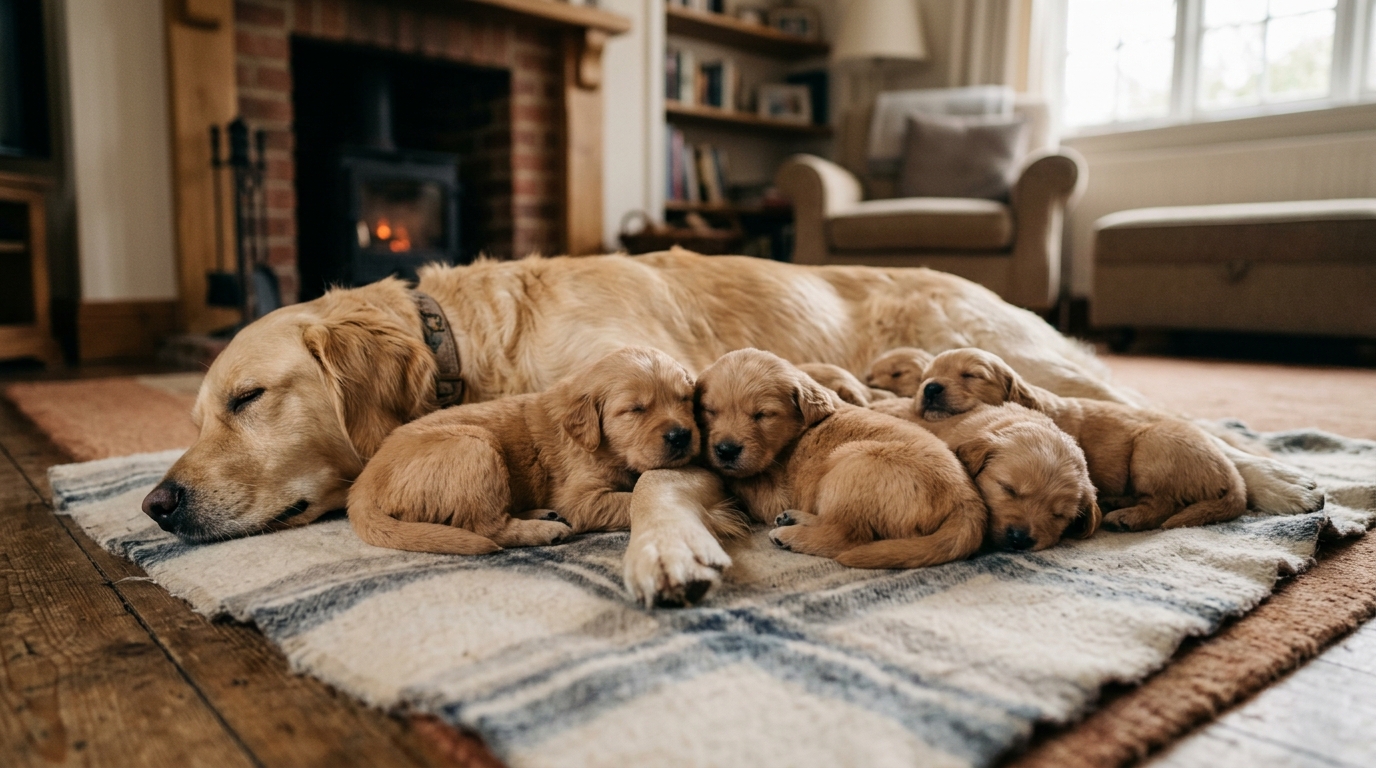 Chienne apaisée veillant sur ses chiots endormis