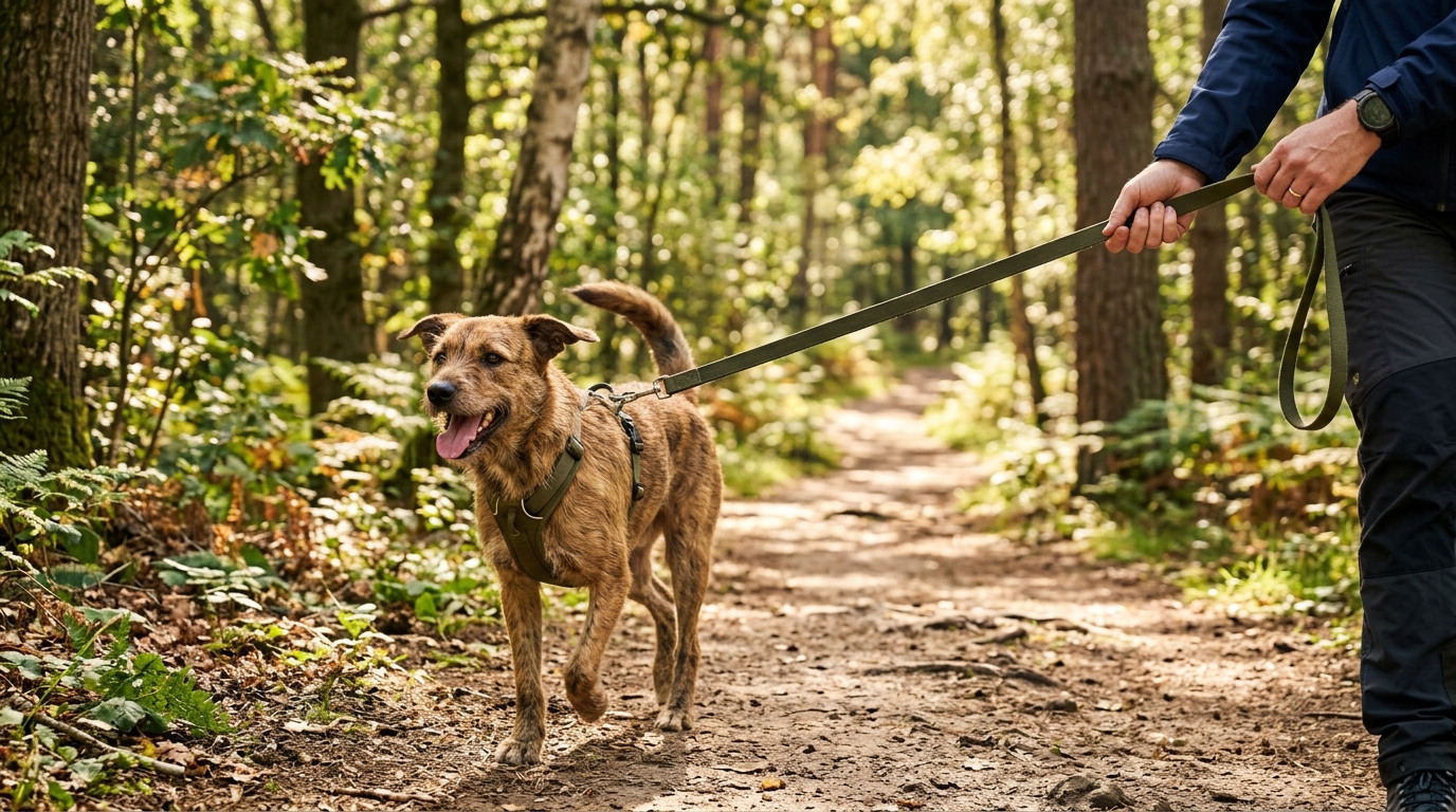 Chien métis joyeux se promenant en laisse dans une forêt
