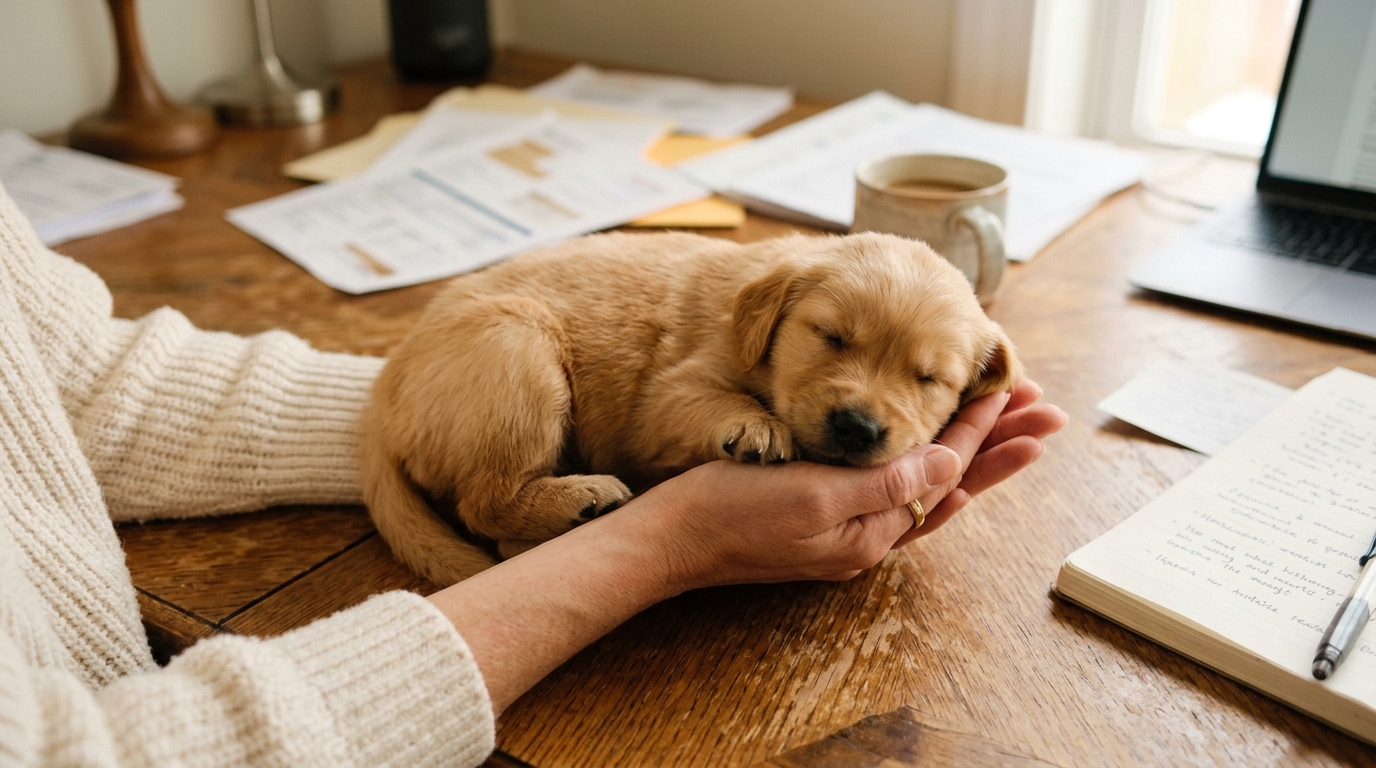 Personne tenant doucement un chiot près de documents administratifs