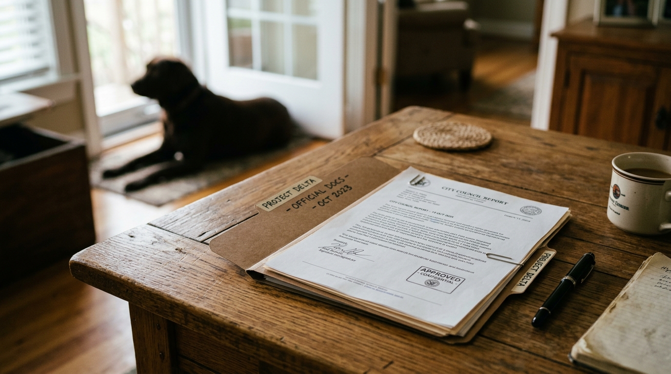 Documents administratifs sur un bureau avec un chien en arrière-plan.