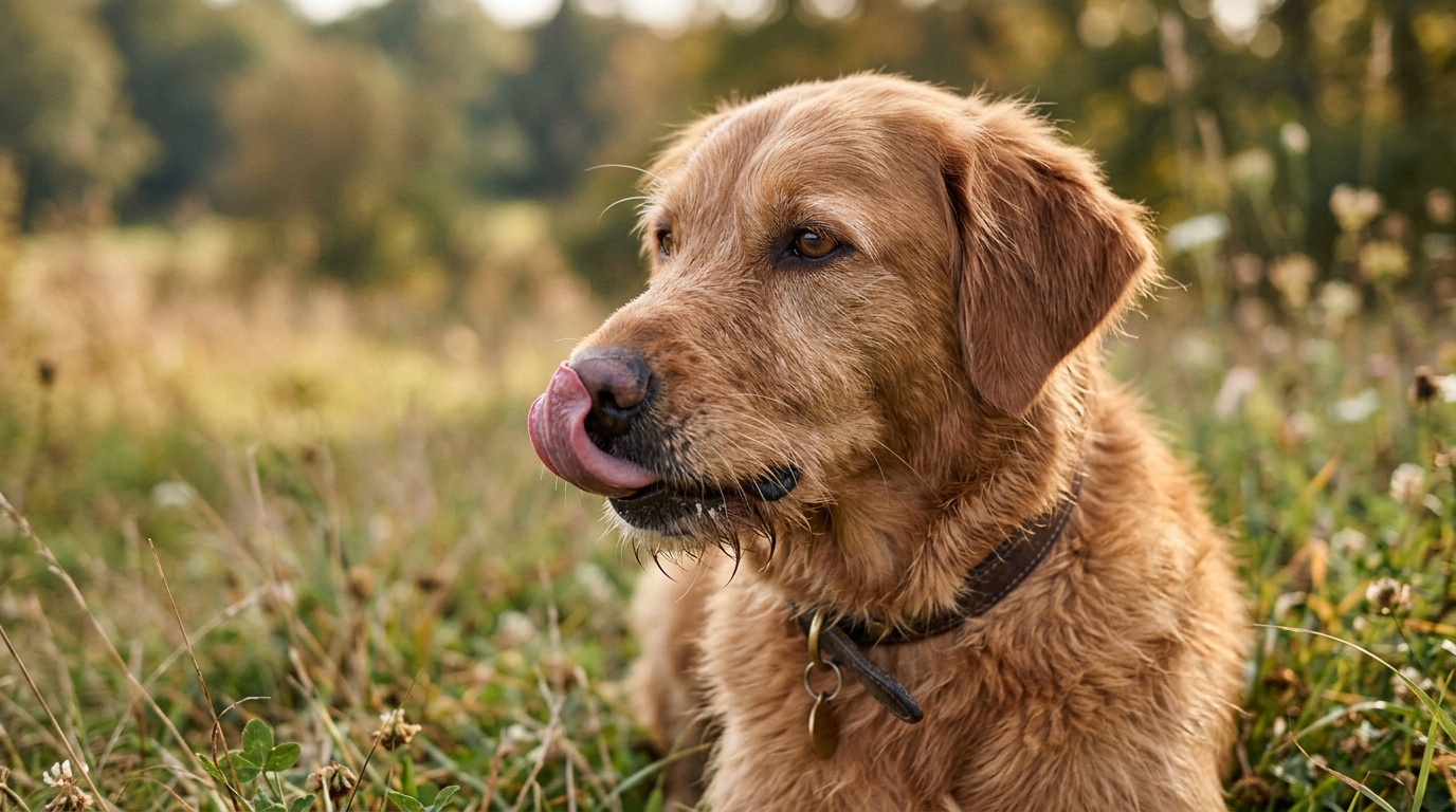 Chien effectuant un signal d'apaisement en se léchant la truffe