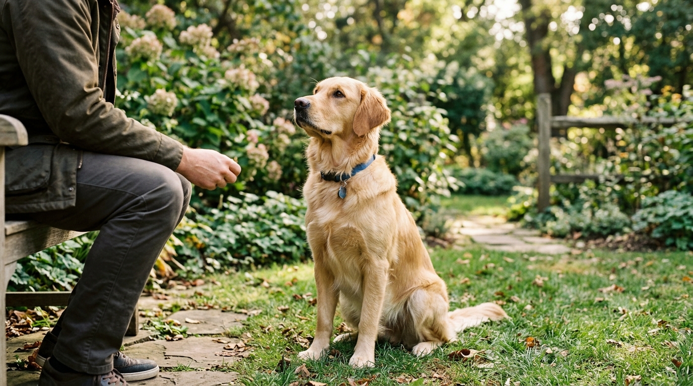 Chien attentif et calme face à son humain
