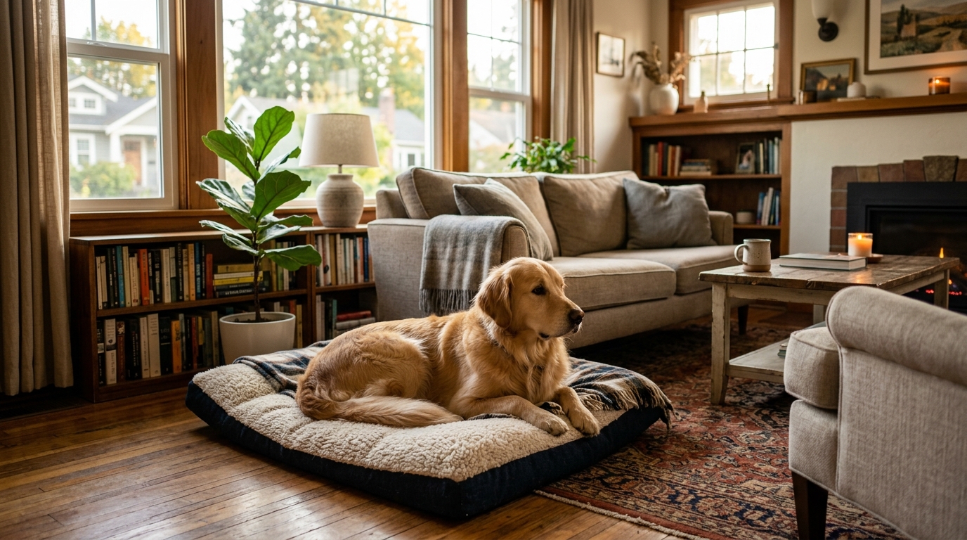 Chien installé confortablement dans son panier en intérieur