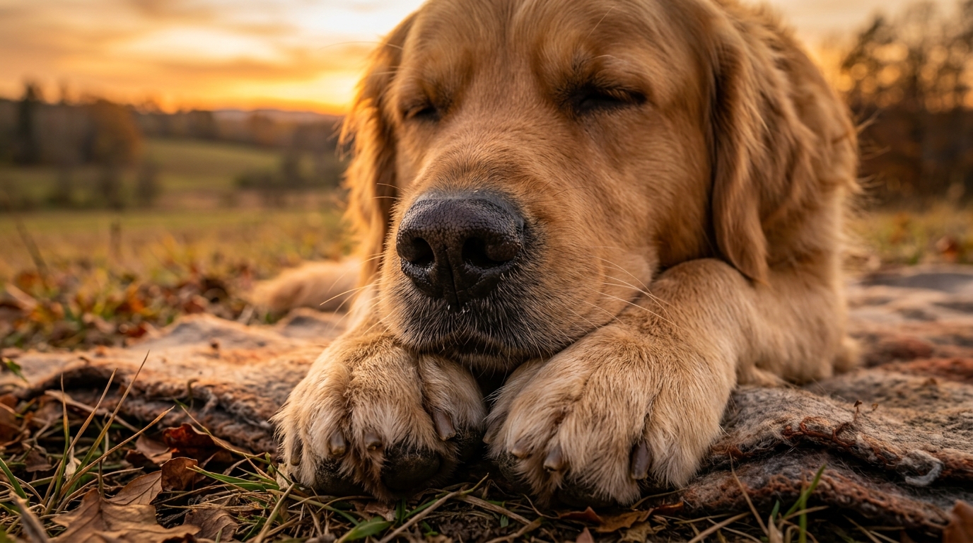 Gros plan sur un grand chien apaisé dans la lumière du soir
