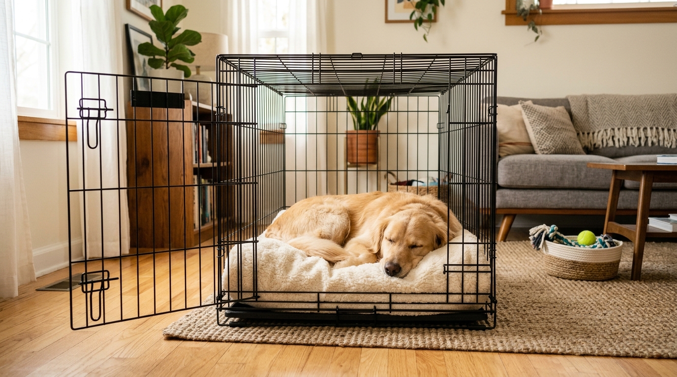 Chien détendu se reposant dans sa cage avec la porte ouverte