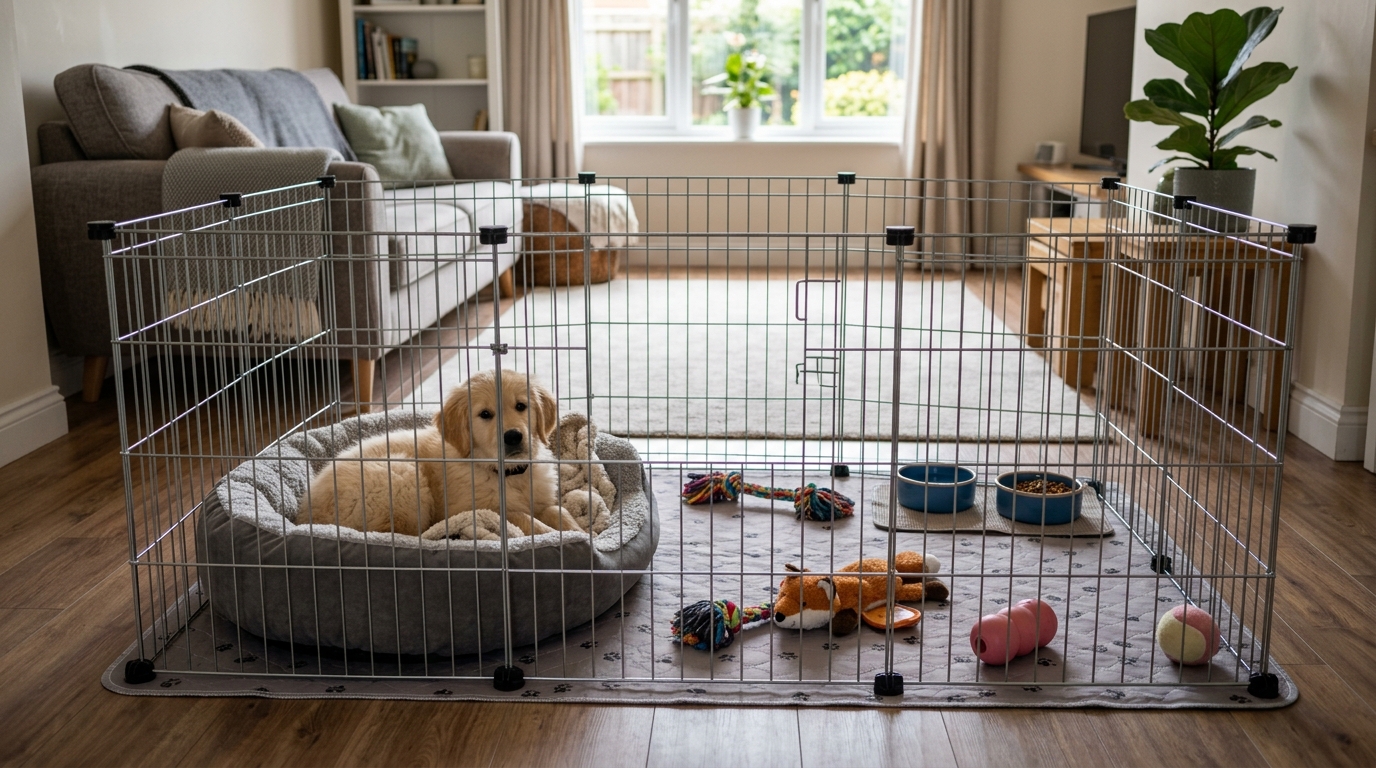 Parc intérieur pour chien aménagé avec jouets et coussin
