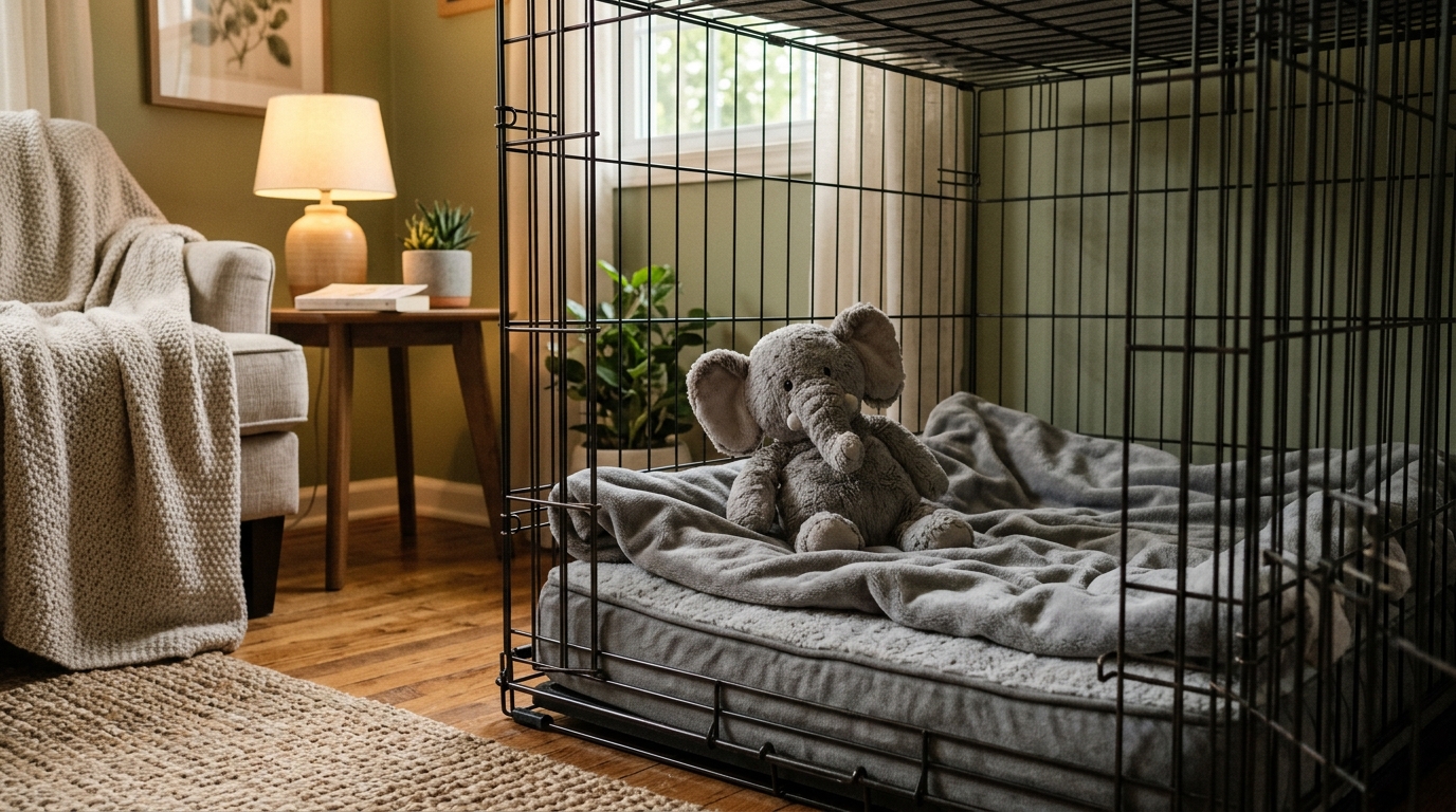 Cage aménagée avec un coussin confortable et un jouet