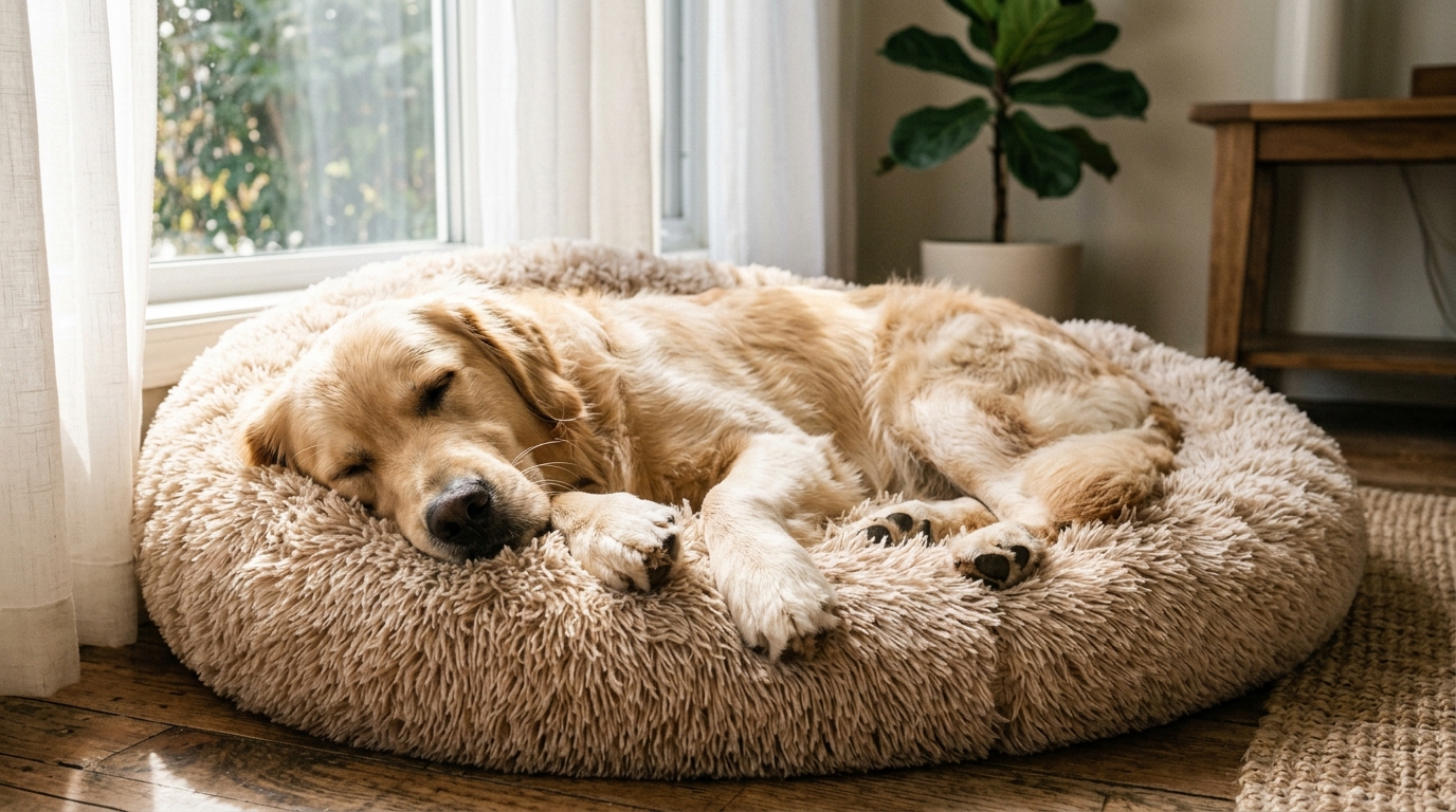 Chien dormant paisiblement sur son coussin après une dépense physique