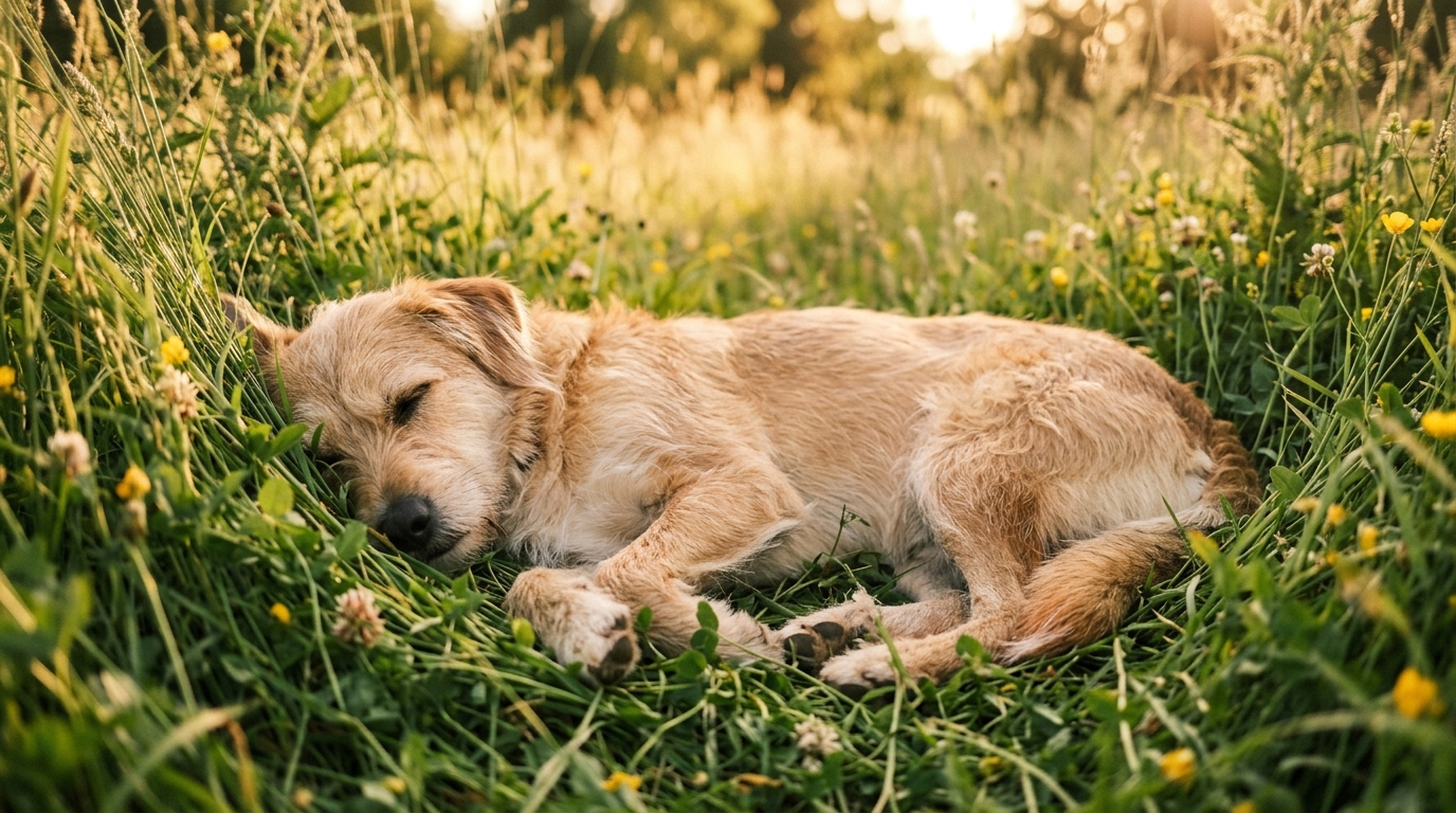Gros plan sur un chien détendu dormant paisiblement dans l'herbe haute