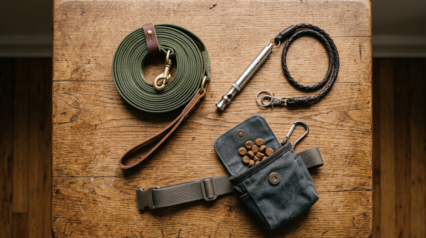 Accessoires d'éducation canine professionnels posés sur une table en bois