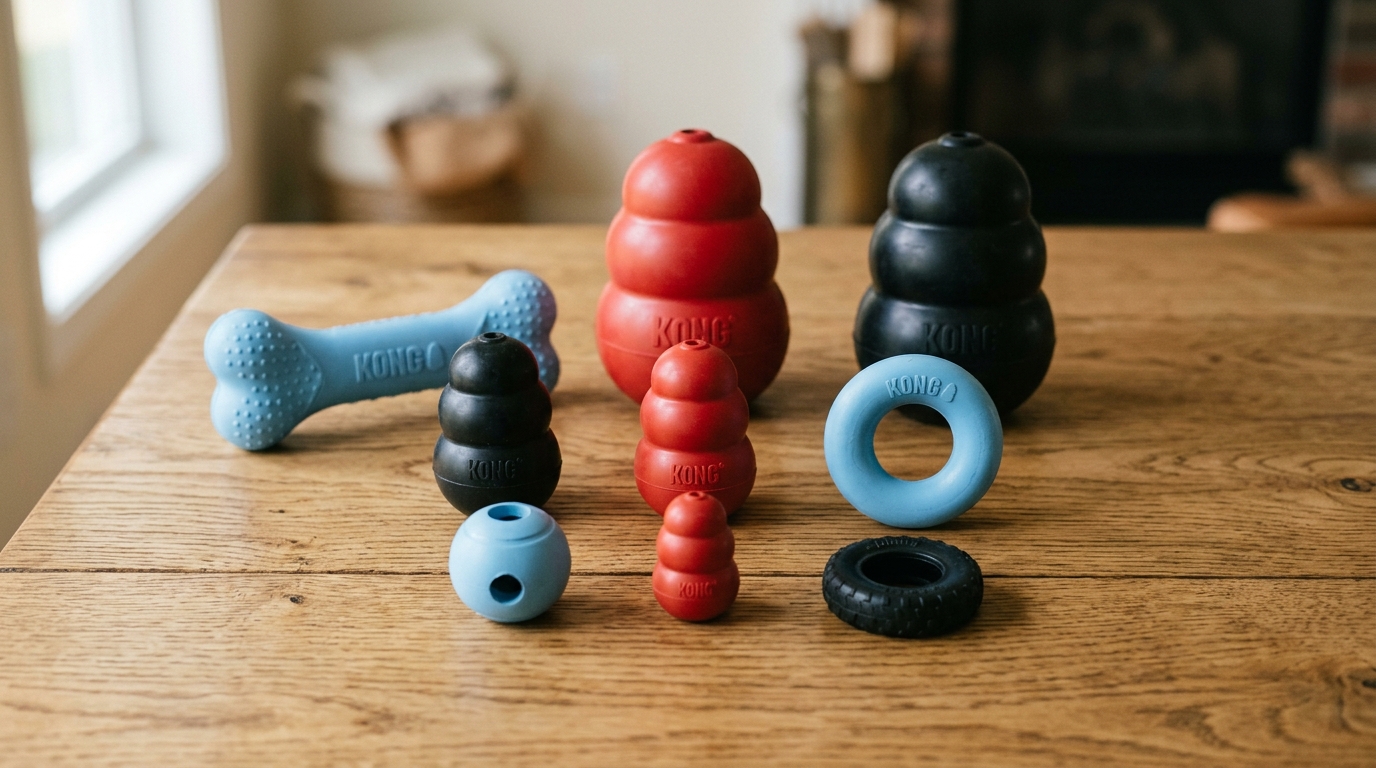 Différents modèles et couleurs de jouets en caoutchouc Kong sur une table