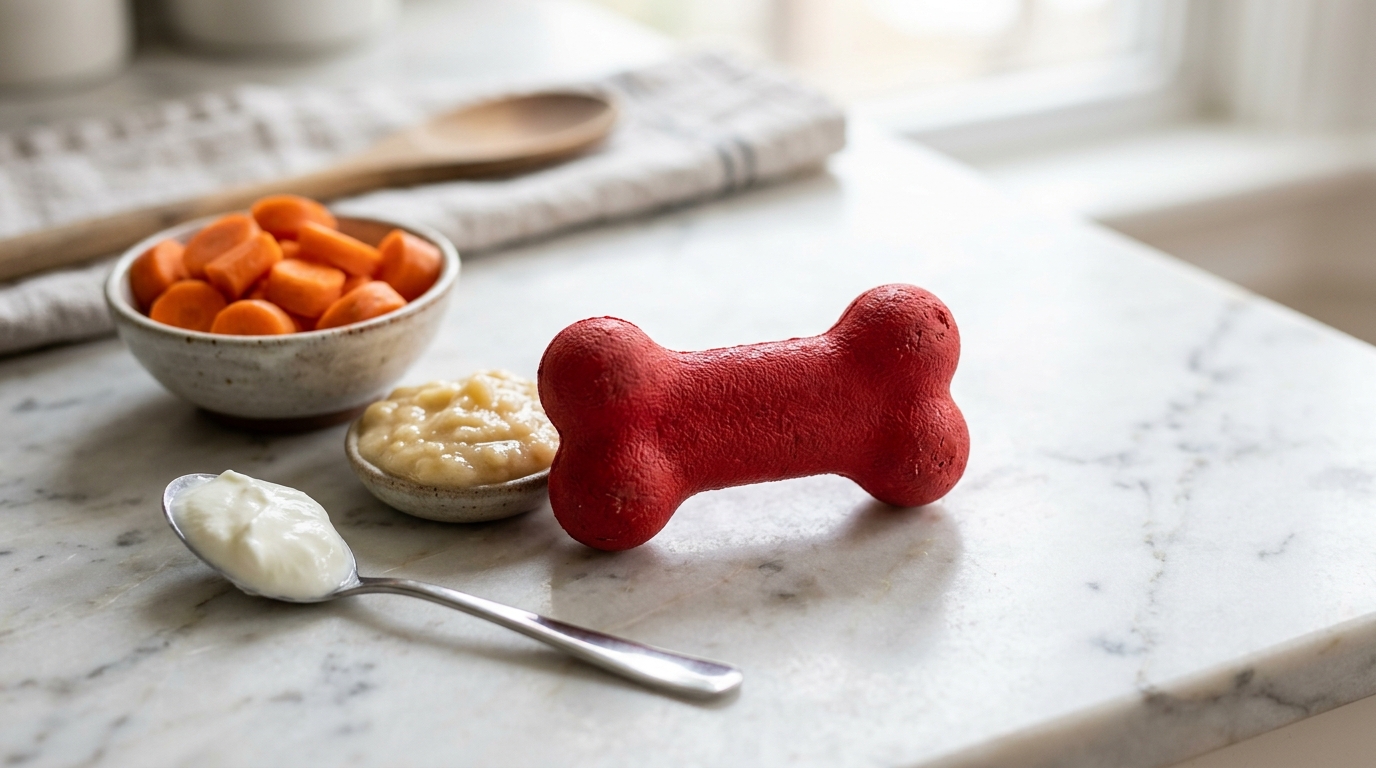 Préparation d'un jouet Kong avec des ingrédients sains comme la carotte et le yaourt