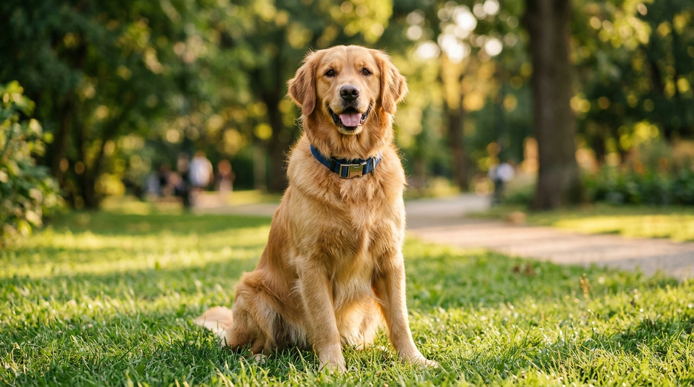 Chien heureux portant un collier plat confortable en laisse dans un parc verdoyant