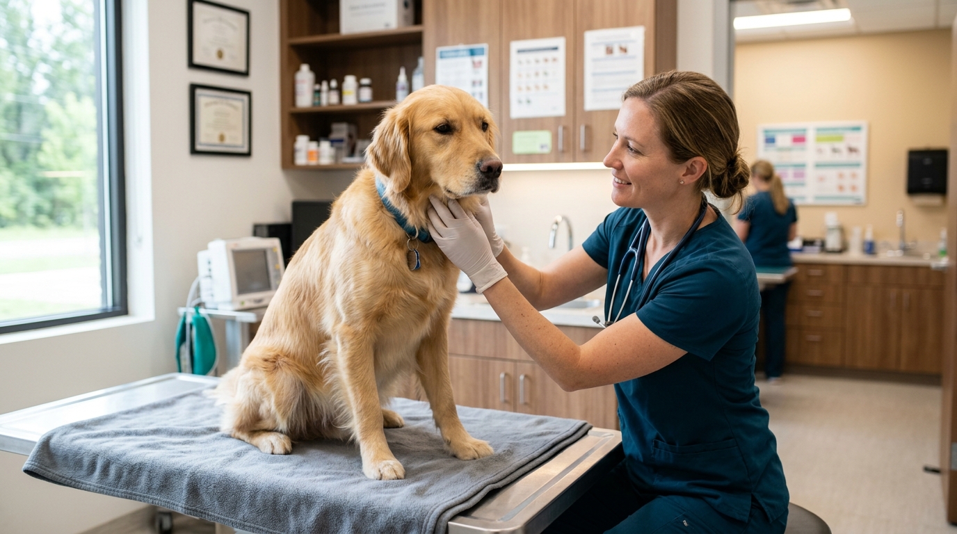 Vétérinaire examinant le cou d'un chien calmement