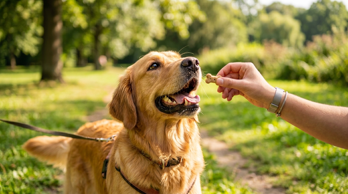 Chien recevant une friandise en récompense de son bon comportement