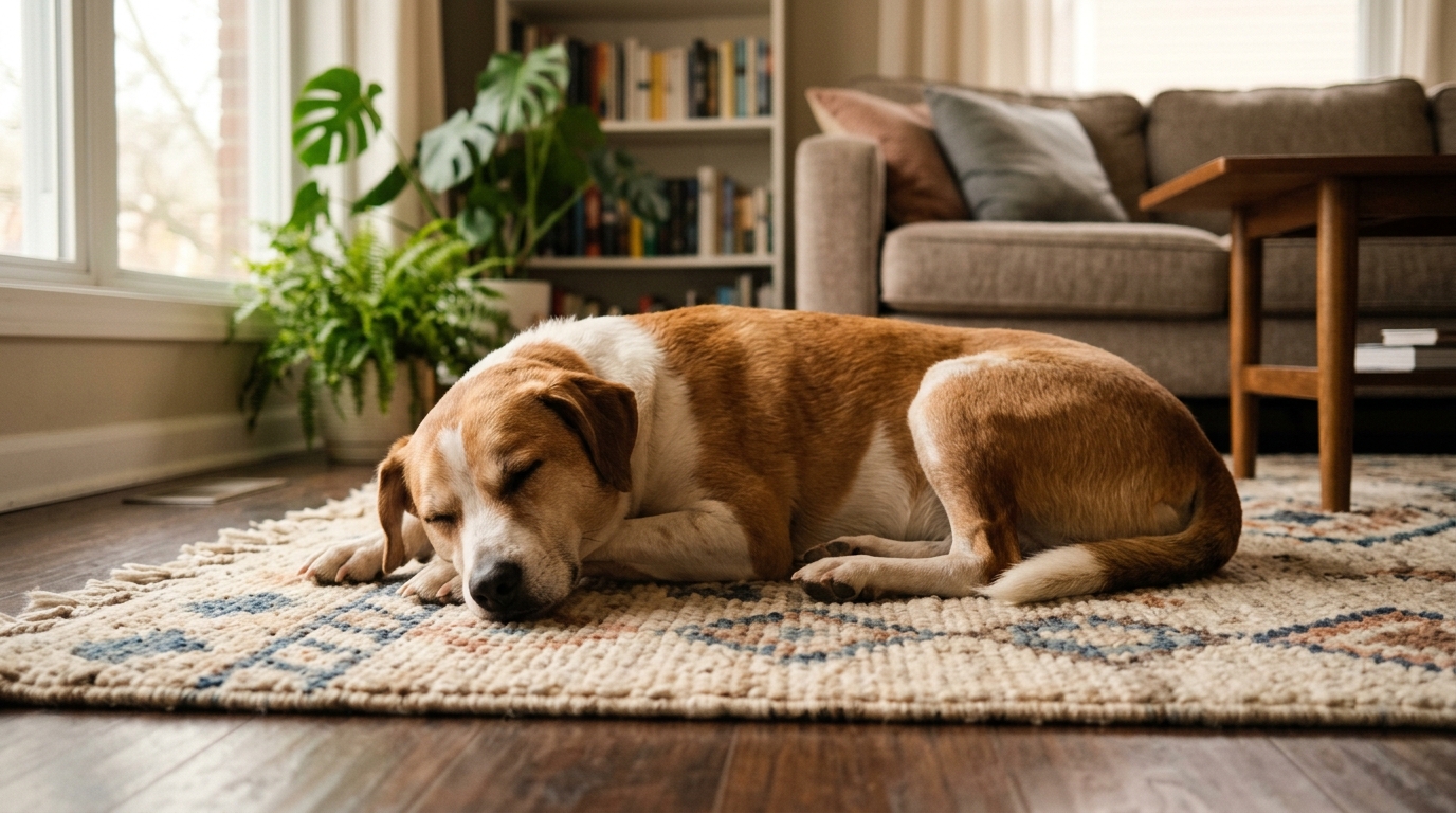 Chien calme et serein se reposant sur un tapis