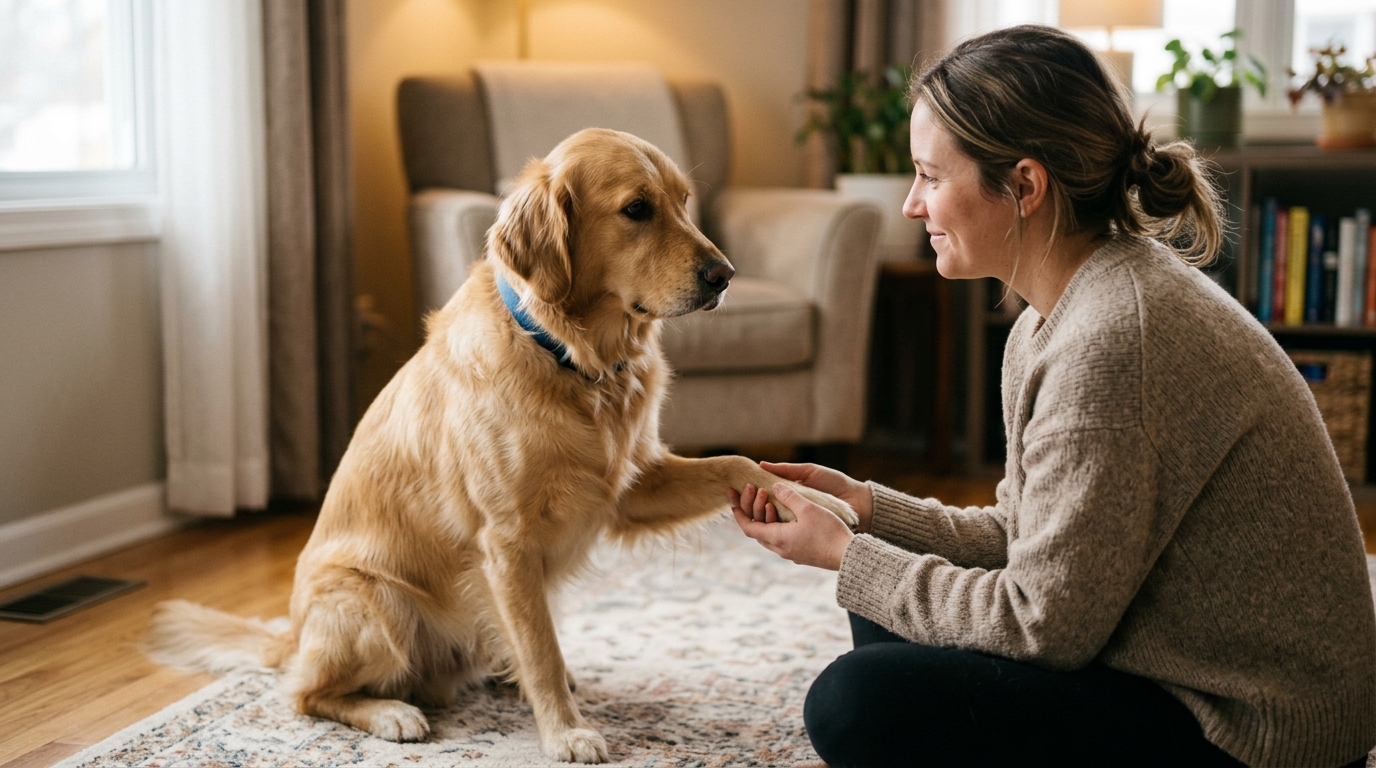 Chien coopératif pendant un soin vétérinaire ou la coupe des griffes