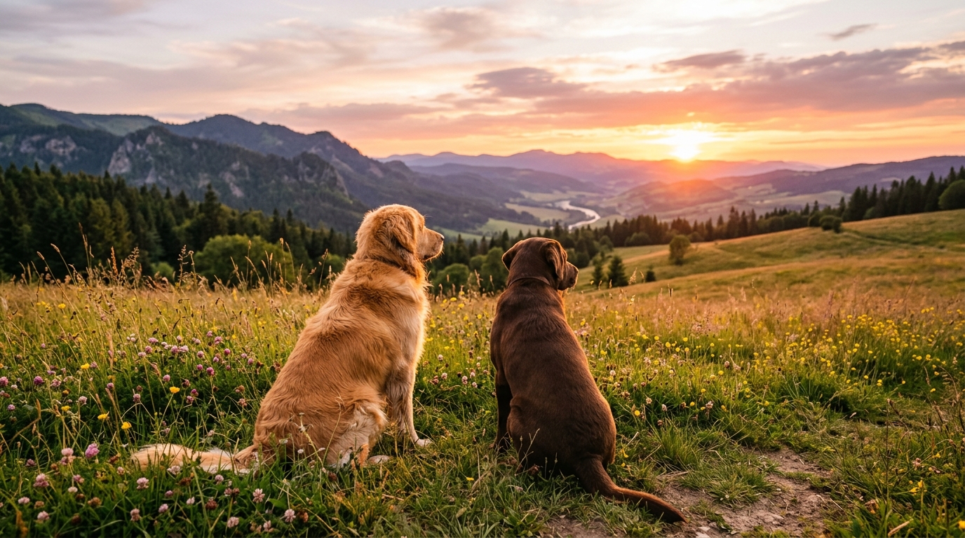 Deux chiens paisibles observant l'horizon, symbolisant l'harmonie et la compréhension.