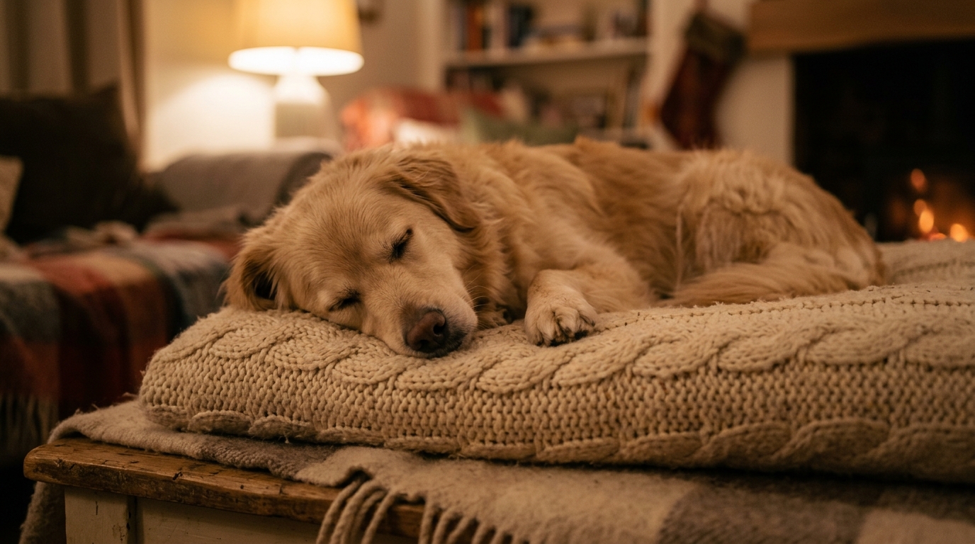 Un chien dormant paisiblement sur un coussin de salon confortable, illustrant la sécurité émotionnelle.