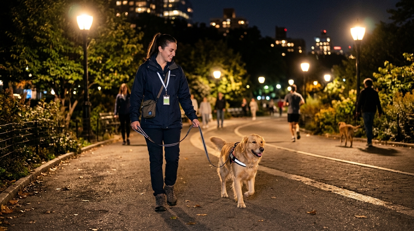 Chien et son maître se promenant la nuit dans un parc urbain éclairé par des réverbères